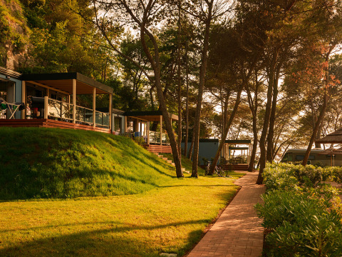 Cabines Marbello Suite au Valamar Camping Lanterna en Croatie, entourées d’arbres et de lumière dorée.