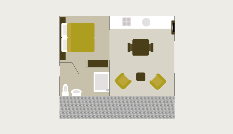 Plano de una tiny house en Hotel Lodge, De Boshoek, Países Bajos, con dormitorio, baño y cocina.