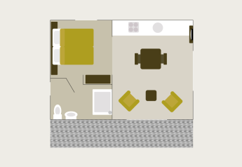 Plattegrond van een tiny house in Hotel Lodge De Boshoek, Nederland, met slaapkamer, keuken en badkamer.