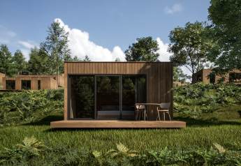 Een moderne houten lodge in het groen bij Cocoon de l'Ourthe, Hameau de l'Ourthe, België.