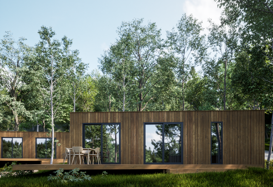 Moderne houten lodge bij Eco Lodge in Hameau de l'Ourthe, België, omgeven door bomen en natuur.