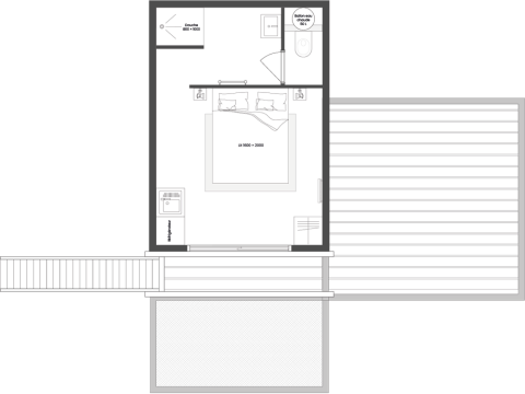Plattegrond van de boomhut bij Hameau de l'Ourthe in België, met slaapkamer, badkamer en terras.