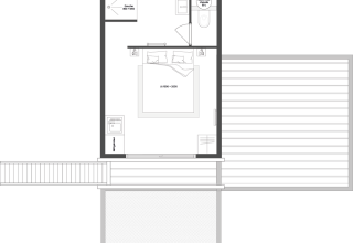 Plattegrond van de boomhut bij Hameau de l'Ourthe in België, met slaapkamer, badkamer en terras.
