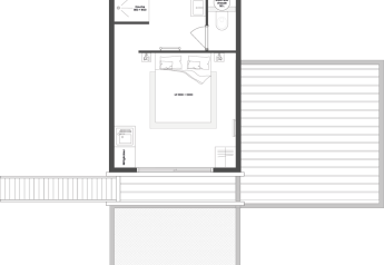 Grundriss des Baumhauses bei Hameau de l'Ourthe in Belgien mit Schlafzimmer, Bad und Terrasse.