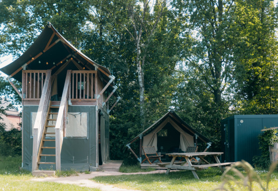 Safari cottage XS avec sanitaires privés au Holiday Park Sallandshoeve, entouré d’arbres verdoyants.