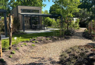 Gravel path leading to Reeëndal Lodge, featuring a patio with chairs, surrounded by lush greenery and trees.