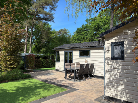 Udendørs område ved Veluwe Chalet med have, bord og stole, omgivet af grønne træer under blå himmel.
