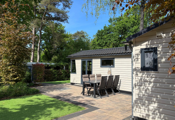 Udendørs område ved Veluwe Chalet med have, bord og stole, omgivet af grønne træer under blå himmel.