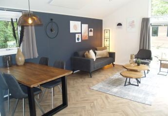 Moderne living met grijze sofa en houten tafel in Velthorst Hottub lodge, EuroParcs Ruinen, Nederland.