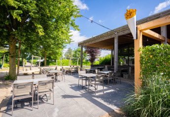 Terrazza esterna con tavoli e sedie in un alloggio glamping, circondata da alberi e piante.