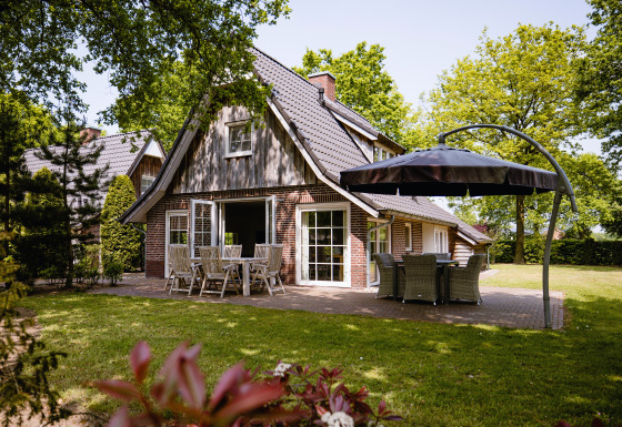Foto de Wellness Lodge XL en Hof van Salland, Países Bajos, con patio, muebles y jardín verde alrededor.