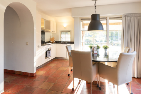 Cocina y comedor modernos en Wellness Lodge XL en Hof van Salland, Países Bajos, con mucha luz natural y ventanas grandes.