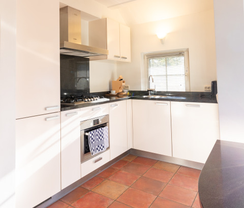 Moderne keuken in Wellness Lodge XL in Hof van Salland met witte kasten, oven en groot raam.