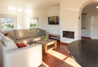 Living room in Wellness Lodge XL at Hof van Salland, Netherlands with cozy sofa, fireplace and sunlight.