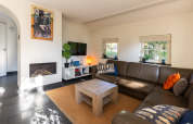 Moderne stue i Wellness Lodge XL, Hof van Salland, Nederlandene, med sofa, pejs og hyggelig udsmykning.