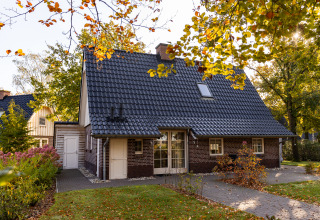 Et hyggeligt Wellness Lodge XL tiny house i Hof van Salland, Holland, omgivet af farverige efterårstræer.