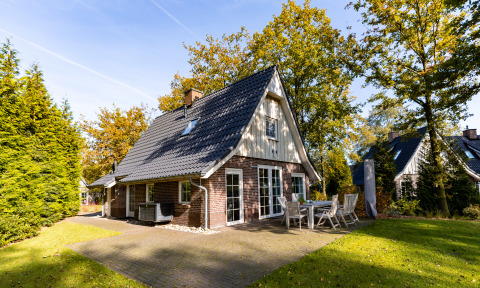Photo of Wellness Lodge XL, a tiny house at Hof van Salland in the Netherlands with a sunny patio and trees.