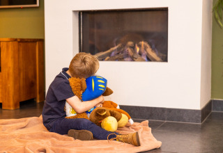 Un niño sentado sobre una manta frente a la chimenea en Wellness Lodge XL, Hof van Salland, Países Bajos, abraza peluches.