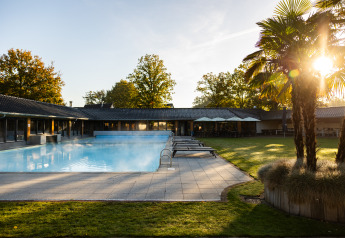 Piscina exterior en Wellness Lodge XL, Hof van Salland, Países Bajos, con tumbonas y palmeras al amanecer.