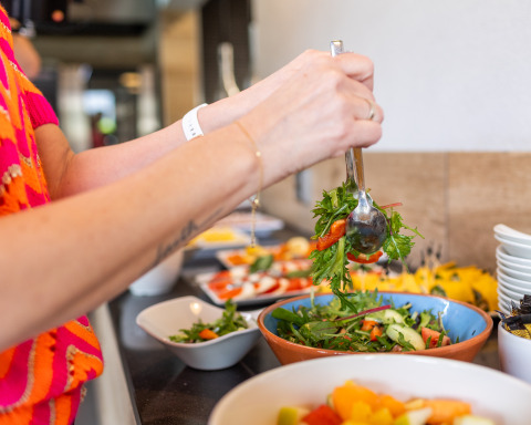 Una persona prende insalata fresca da una ciotola a un buffet salutare nella Wellness Lodge XL, Hof van Salland, Paesi Bassi.