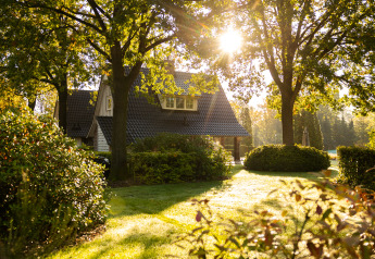 La petite Wellness Lodge XL du Hof van Salland, Pays-Bas, entourée d'arbres et d'un jardin ensoleillé.
