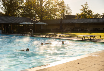 Piscine extérieure avec baigneurs et transats sur la pelouse à Wellness Lodge XL, Hof van Salland, Pays-Bas.