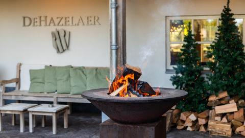 Cuenco de fuego al aire libre y banco en Wellness Lodge XL, Hof van Salland, Países Bajos, ambiente acogedor.