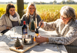 Three women share mulled wine outdoors at Wellness Lodge XL, Hof van Salland, Netherlands, in sunlight.