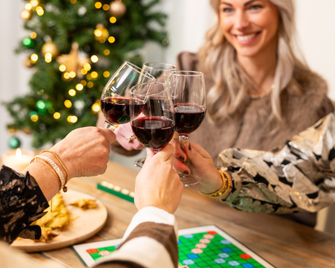Amigos brindando con vino tinto y jugando un juego de mesa junto al árbol de Navidad en Hof van Salland, NL.