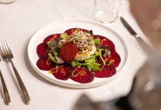 A beautifully plated appetizer at Wellness Lodge XL, Hof van Salland, the Netherlands, on a white tablecloth.