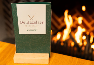 Carta del restaurante De Hazelaer sobre una mesa frente a una chimenea en Wellness Lodge XL, Hof van Salland.