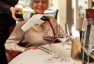 A server pours red wine into a glass for a smiling woman at Wellness Lodge XL in Hof van Salland, Netherlands.