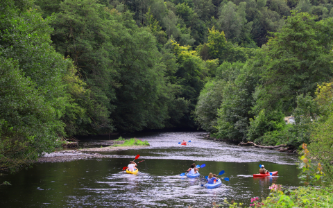 Menschen paddeln in bunten Kajaks auf einem Fluss neben einem Glampingplatz, umgeben von grünem Wald.
