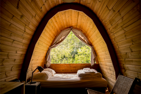 Interior de cápsula de madera con cama y ventana con vistas al bosque en RØSTIG Dorst, Países Bajos.