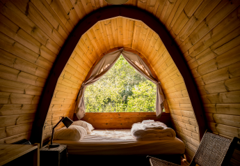 Cozy wooden pod interior with bed by a large window overlooking trees at RØSTIG Dorst, Netherlands.