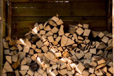 Catasta di legna accatastata ordinatamente in un riparo di legno presso un alloggio glamping nella natura.