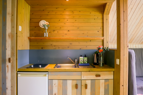 Tiny kitchen with wood paneling, sink, cooktop, fridge, and flowers in glass vases at Luxe & Lazy Lodge.