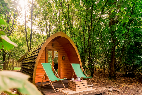 Duo pød bei RØSTIG Dorst in den Niederlanden, Holzpod in grünem Wald mit zwei Liegestühlen davor.