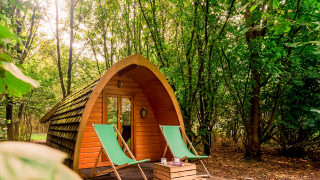 Duo pød bei RØSTIG Dorst in den Niederlanden, Holzpod in grünem Wald mit zwei Liegestühlen davor.