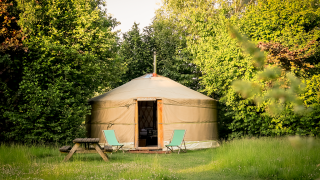 En hyggelig yurt ved RØSTIG Dorst i Holland, omgivet af grønne træer med stole og et picnicbord foran.