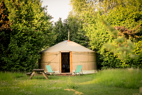 Cozy yurt at RØSTIG Dorst in the Netherlands, surrounded by trees with chairs and a picnic table outside.