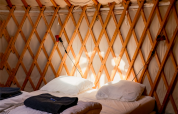 Interiør af en komfortabel seng i en traditionel yurt ved RØSTIG Dorst i Holland, sollys gennem trærammer.