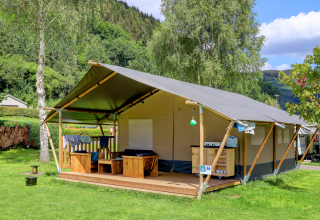 Eco Lodge MOBIWOOD en Camping Floreal La Roche-en-Ardenne, Bélgica, rodeada de árboles y naturaleza verde.