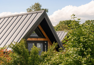 Casa pequeña Wellness Lodge en Holiday Park De IJsvogel, Países Bajos, con moderno techo y vegetación.