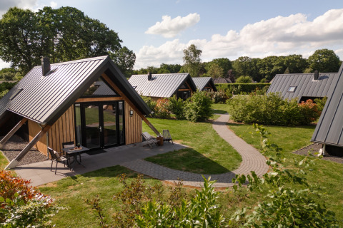 Tiny house Wellness Lodge au Holiday Park De IJsvogel, Pays-Bas, entourée de verdure et de sentiers.