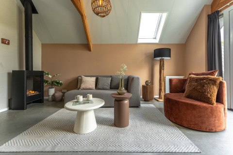 Modern living room with fireplace, gray sofa, warm brown accents in Wellness Lodge at De IJsvogel, Netherlands.