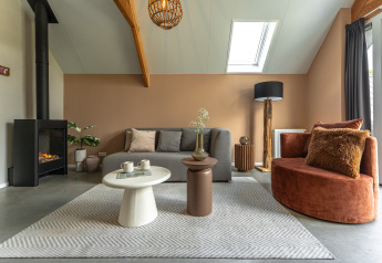 Moderne stue med brændeovn, grå sofa, brune accenter og ovenlys i Wellness Lodge, De IJsvogel, Holland.