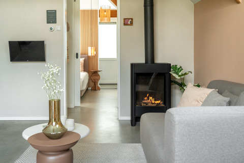 Modernes Wohnzimmer in der Wellness Lodge im Holiday Park De IJsvogel, Niederlande, mit Kamin und Sofa.