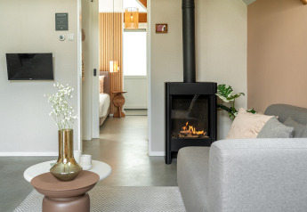 Salón moderno en una Wellness Lodge en Holiday Park De IJsvogel, Países Bajos, con chimenea y sofá.