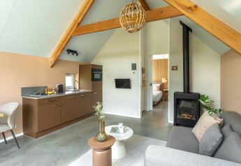 Intérieur moderne d'un tiny house Wellness Lodge au Holiday Park De IJsvogel aux Pays-Bas, avec cuisine et salon.